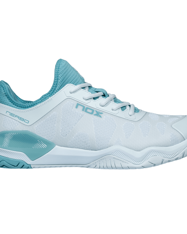 Zapatillas de pickleball NOX LUX NERBO en morning mist y turquoise - vista lateral